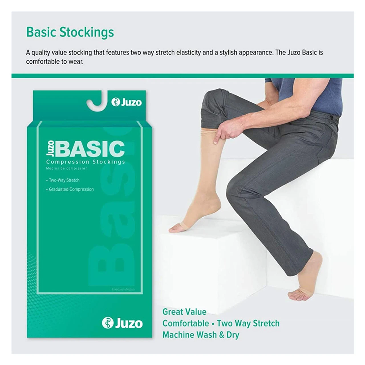 JUZO Basic Compression 20-30 MmHg Open Toe Silicone Thigh High Stockings - Image 2