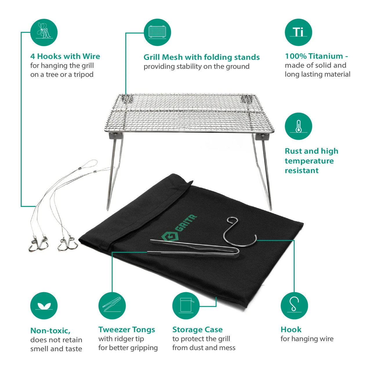 GRITR Titanium Grill Mesh With Protective Case, Titanium Tongs, Hanging Hooks - Image 2